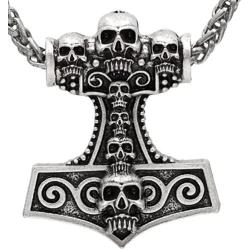 Viking Thor`s Hammer Hand Carved 7 Skull Head Pendant Antique Silver Metal Chain Rune