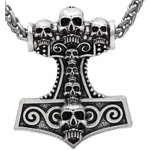 Viking Thor`s Hammer Hand Carved 7 Skull Head Pendant Antique Silver Metal Chain Rune Viking Thor`s Hammer Hand Carved 7 Skull Head Pendant Antique Silver Metal Chain Rune
