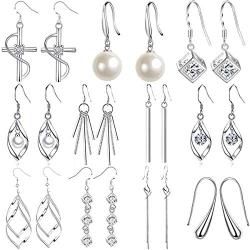 WAINIS 11 Pairs Classic Dangle Silver Drop Earrings for Women Simple Double Twist Long Thread Fashion Plated Silver Earring Jewelry