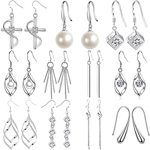 WAINIS 11 Pairs Classic Dangle Silver Drop Earrings for Women Simple Double Twist Long Thread Fashion Plated Silver Earring Jewelry
