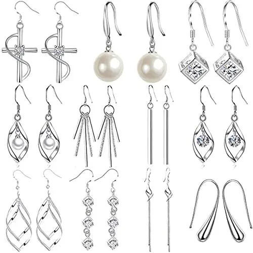 WAINIS 11 Pairs Classic Dangle Silver Drop Earrings for Women Simple Double Twist Long Thread Fashion Plated Silver Earring Jewelry