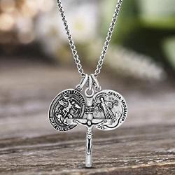 Steve Madden Mens Oxidized Saint Medallion Design and Crucifix Double Pendant Chain Necklace in Stainless Steel, Silver, 28
