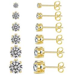 14k Gold Plated CZ Stud Earrings Round Cubic Zirconia Jewelry set for women 6 Pairs