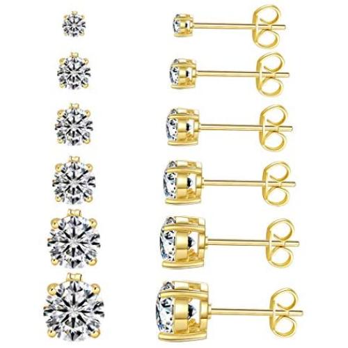 14k Gold Plated CZ Stud Earrings Round Cubic Zirconia Jewelry set for women 6 Pairs