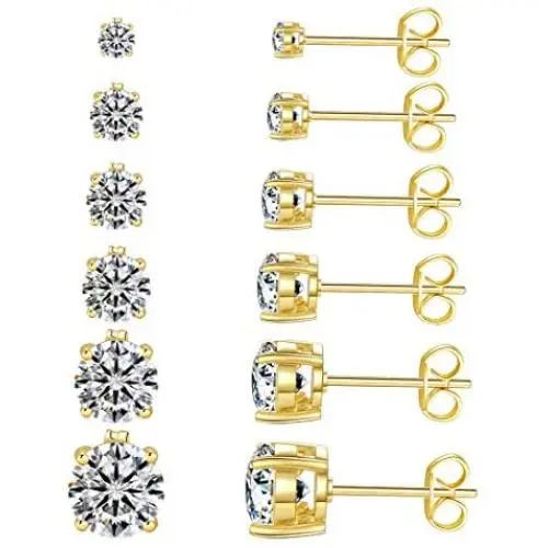 14k Gold Plated CZ Stud Earrings Round Cubic Zirconia Jewelry set for women 6 Pairs