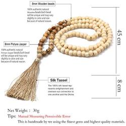 BALIBALI 8MM Semi-Precious Gem Stones Wood Mala Bead Necklace Multicolor Tassel Charms Chain Necklace Handmade Beaded Pendant Necklace for Women Men