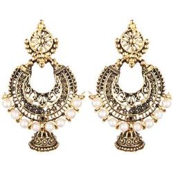 Efulgenz Boho Vintage Antique Gypsy Tribal Indian Oxidized Gold Pearl Drop Jhumki Chandbali Dangle Earrings Set Jewelry