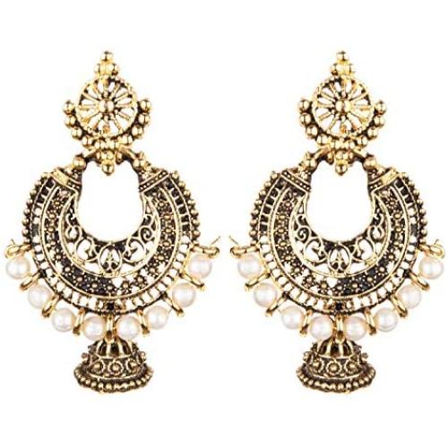 Efulgenz Boho Vintage Antique Gypsy Tribal Indian Oxidized Gold Pearl Drop Jhumki Chandbali Dangle Earrings Set Jewelry