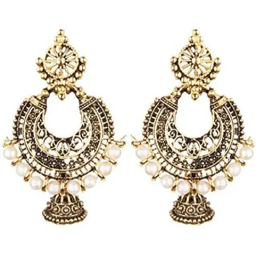 Efulgenz Boho Vintage Antique Gypsy Tribal Indian Oxidized Gold Pearl Drop Jhumki Chandbali Dangle Earrings Set Jewelry Efulgenz Boho Vintage Antique Gypsy Tribal Indian Oxidized Gold Pearl Drop Jhumki Chandbali Dangle Earrings Set Jewelry