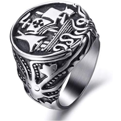 Elfasio Viking Drakkar Ship Kraken Norse Sea Monster Octopus Squid Tentacle Stainless Steel Vintage Ring