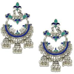 Crunchy Fashion Bollywood Style Traditional Indian Oxidised Silver Jewelry Blue Jhumki Jhumka Earrings for Women/Girls