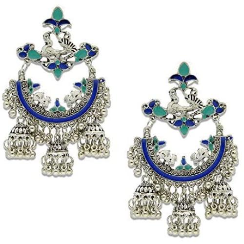 Crunchy Fashion Bollywood Style Traditional Indian Oxidised Silver Jewelry Blue Jhumki Jhumka Earrings for Women/Girls