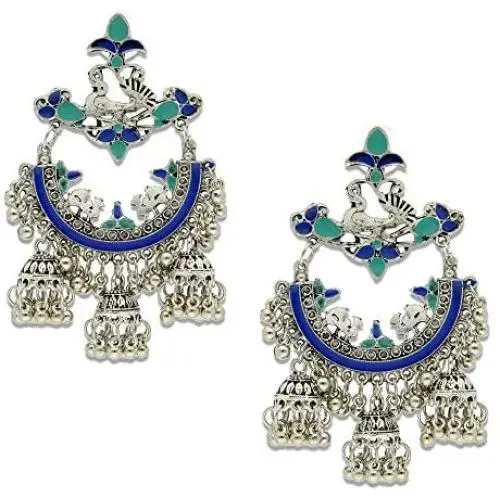 Crunchy Fashion Bollywood Style Traditional Indian Oxidised Silver Jewelry Blue Jhumki Jhumka Earrings for Women/Girls