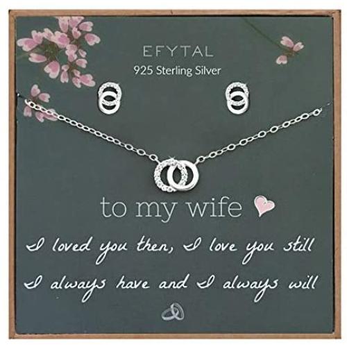 EFYTAL Wife Gifts, Wife Birthday Gift Ideas For Her, Romantic Sterling Silver 925 CZ Interlocking Circles Necklace & Earrings Set, Jewelry for Women, Cute Anniversary / Valentines Day Present