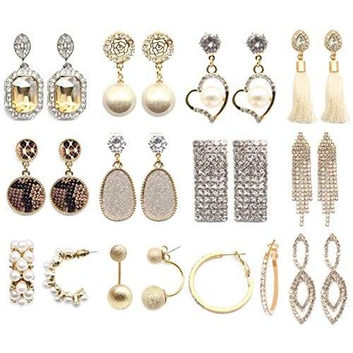 Dofash 12Pairs Stud Drop Dangle Earrings Set with Gift Box & Earring Stand - Pearl Earrings+Tassel Earrings+Dangle Earrings+Ball Earrings+Crystal Rhinestone Earrings for Womens Fashion Jewelry