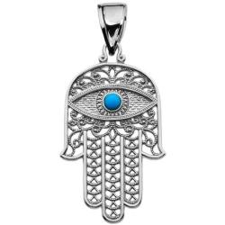 Middle Eastern Jewelry Sterling Silver Hamsa Hand with Blue Evil Eye Pendant Necklace