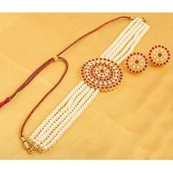 Crunchy Fashion Bollywood Style Traditional Indian Wedding Jewelry Red Crystals Pearl Choker Necklace with Earring & tika Set for Women Girls