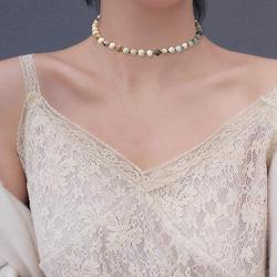 BALIBALI Semi Precious Stone Beaded Choker Necklace 14K Gold Plated Natural Stone Double Strand Necklace Layered Short Necklaces