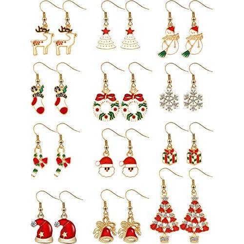 12 Pairs Christmas Drop Dangle Earrings Xmas Jewelry Earrings Set for Women