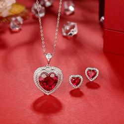 Womens Elegant Heart Ruby Pendant Necklace and Earring Studs Set in 925 Sterling Silver,Jewelry Sets Gifts for Her