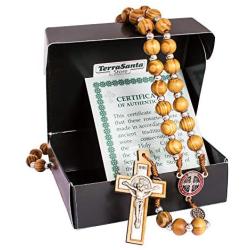 Catholic Olive Wood Rosary Beaded Prayer Cross Crucifixion of Christ Jesus Necklace St. Benedict Decor for Auto Vehicle for Men Women Religious Jewelry Pendant 22 inch