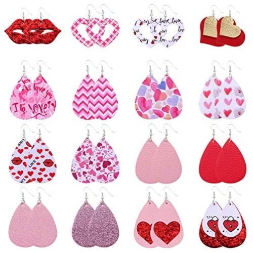 GYSONG Valentine Earrings for Women Lightweight Faux Leather Earrings Valentines Day Gifts Fashion Romantic Soft Love Heart Pendant Girls Jewelry Cute Pattern Decoration 16 Pairs