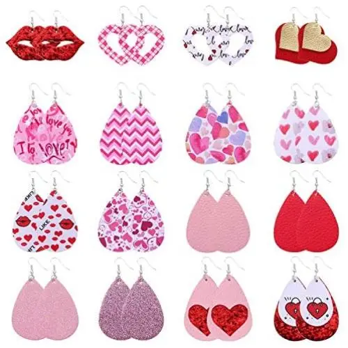 GYSONG Valentine Earrings for Women Lightweight Faux Leather Earrings Valentines Day Gifts Fashion Romantic Soft Love Heart Pendant Girls Jewelry Cute Pattern Decoration 16 Pairs