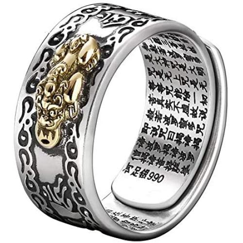 JAJAFOOK 990 Silver FENG Shui PIXIU MANI Amulet Lucky Wealth Buddhist Jewelry Adjustable Ring