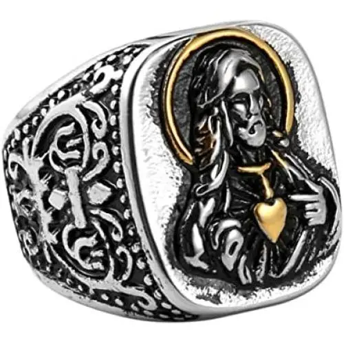 HZMAN Vintage Silver Gold Tone Jesus Blessing Christian Stainless Steel Rings for Men Women Religious Band HZMAN Vintage Silver Gold Tone Jesus Blessing Christian Stainless Steel Rings for Men Women Religious Band
