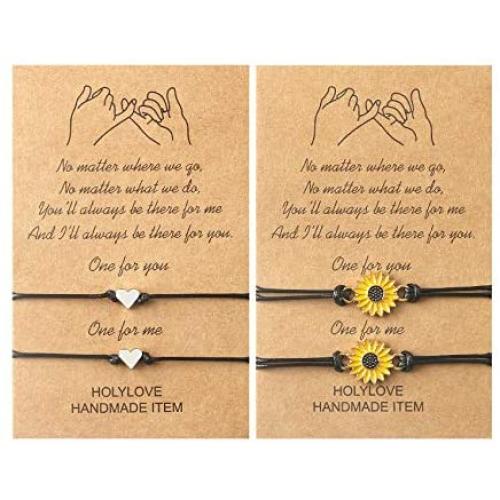 Holylove Pinky Promise Distance Heart Bracelets 4 Pcs & Wish Card for Women Teen Girls Couples Family Best Friends Friendship BFF Bestie Daughters Sisters Her Gifts