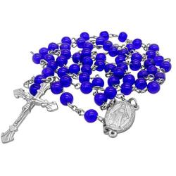 Catholic Rosary Necklace Round Dark Blue Crystal Beads Miraculous Medal & Cross Handmade Long Chaplet