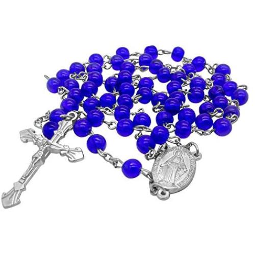 Catholic Rosary Necklace Round Dark Blue Crystal Beads Miraculous Medal & Cross Handmade Long Chaplet