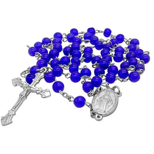Catholic Rosary Necklace Round Dark Blue Crystal Beads Miraculous Medal & Cross Handmade Long Chaplet Catholic Rosary Necklace Round Dark Blue Crystal Beads Miraculous Medal & Cross Handmade Long Chaplet