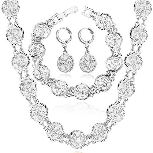 U7 Muslim Jewelry Set for Women|Platinum or 18K Gold Plated Allah Necklace Chain Link Bracelet Earrings Sets, Coin/Heart/Square Style.