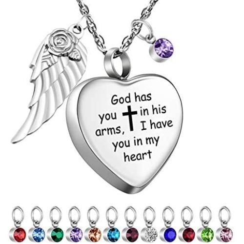 Dletay Heart Cremation Necklace for Ashes Angel Wing Urn Necklace with 12 PCS Birthstones-God Has You in His Arms, I Have You in My Heart