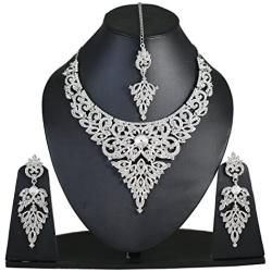 Touchstone Indian Bollywood Intricately Crafted Diamond Look Rhinestone Crystal Colorful Wedding Designer Jewelry Necklace Set in Gold and Silver Tone for Women.