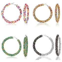 4 Pairs Glitter Hoop Earrings Bohemian Sparkle Resin Rhinestone Crystal Wrapped Geometric Big Round Circle Shiny Dangle Earrings Goldplated Scrub Drop Earring for Women Girls Wedding Party Jewelry