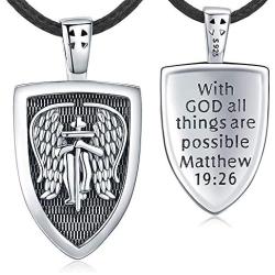 Aniu St Michael Necklace Sterling Silver for Men Women, Archangel Protect Angel Guardian Saint Michael Amulet Shield Protection Pendant Unique Jewelry Gift, Protect Us Good Luck Pendant