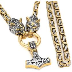 GuoShuang Men Wolf Head Norse Viking Amulet Thor Hammer Pendant Necklace -Stainless Steel King Chain
