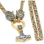 GuoShuang Men Wolf Head Norse Viking Amulet Thor Hammer Pendant Necklace -Stainless Steel King Chain