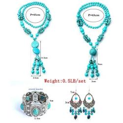 Amazon Day Deals Turquoise Long Beaded Bohemia Necklace for Women Vintage Ethnic Alloy Pendant Jewelry & Earring Set