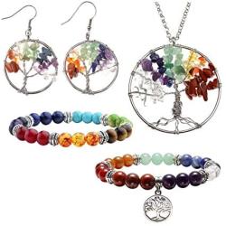 JOVIVI 7 Chakra Tree of Life Tumbled Gemstone Healing Crystals Necklace & Earrings & Chakra Bracelet Sets, Mothers Day Gifts (4pcs: Tree of Life Necklace & Earrings & 7 Chakras Bracelet)