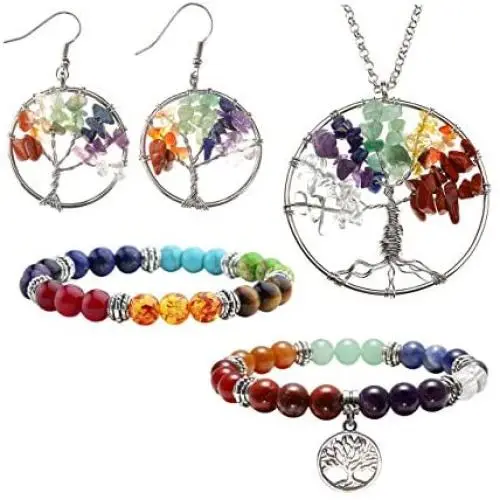 JOVIVI 7 Chakra Tree of Life Tumbled Gemstone Healing Crystals Necklace & Earrings & Chakra Bracelet Sets, Mothers Day Gifts (4pcs: Tree of Life Necklace & Earrings & 7 Chakras Bracelet)