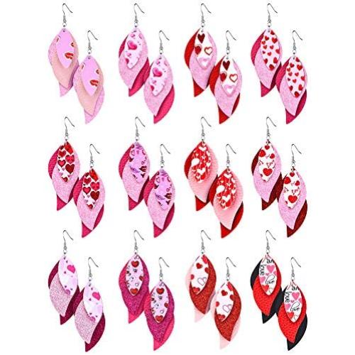 12 Pairs Valentines Day Leaf Drop Dangle Earrings 3 Layered Glitter Faux Leather Earrings Heart and Rose Printed Earrings Valentines Day Jewelry for Women Girls