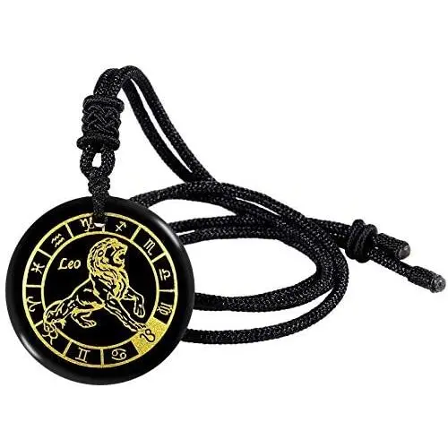 Yatming Engraved Round Stone Pendant for Men and Women, Healing Crystal Black Obsidian Amulet Necklace with Adjustable Rope Yatming Engraved Round Stone Pendant for Men and Women, Healing Crystal Black Obsidian Amulet Necklace with Adjustable Rope