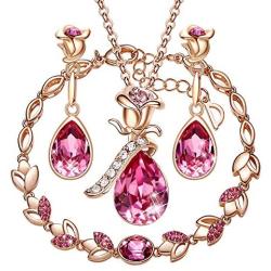 CDE Rose Flower Jewelry Sets for Women 4 Pieces Sets Rose Gold Plated Necklace with Crystals Mothers Day Jewelry Gifts for Her