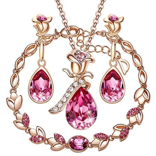 CDE Rose Flower Jewelry Sets for Women 4 Pieces Sets Rose Gold Plated Necklace with Crystals Mothers Day Jewelry Gifts for Her