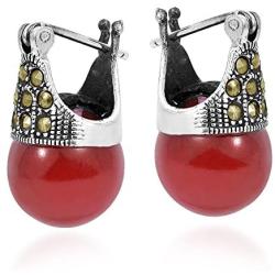 Vintage Marcasite Style Pyrite & Reconstructed Red Coral 12 mm .925 Sterling Silver Earrings