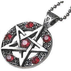 Wicca Jewelry Celtic Pentagram Pentacle Star Red Blood Crystal Gem Wiccan Pagan Witch Magic Healing Protection Amulet Pewter Mens Womens Pendant Necklace Charm for Men Women Silver Ball Chain