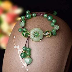 LOOPIG Retro Natural Green Jade Dongling Flower Adjustable Bracelet Jewellery Hand Knitted Amulet